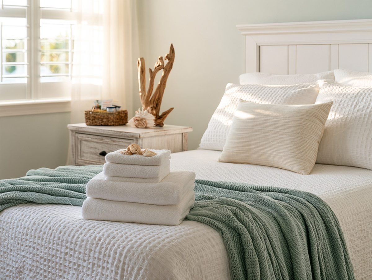 Coastal guest bedroom reset for turnover with fresh folded towels on a made bed