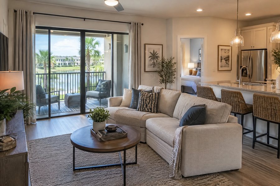 An open-plan apartment living room and kitchen with a sectional sofa, breakfast bar and a screened balcony over a lake