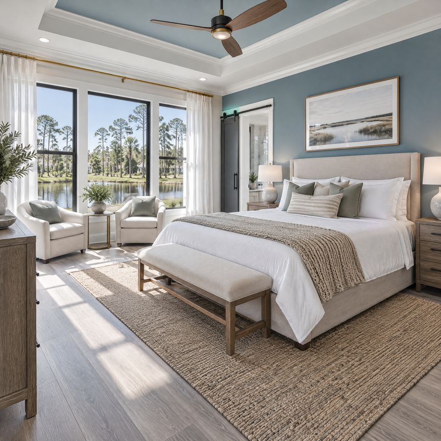 A finished bedroom in a new build with a pond and pines beyond the windows