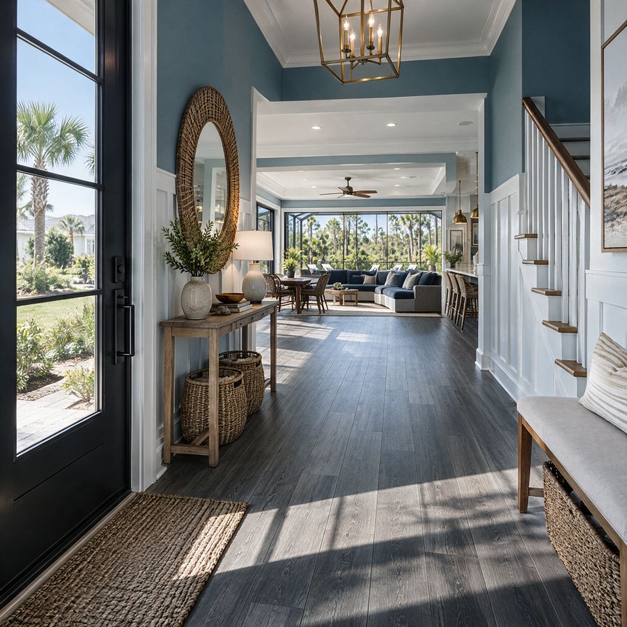 A bright entryway with wide-plank floors looking through to the living area