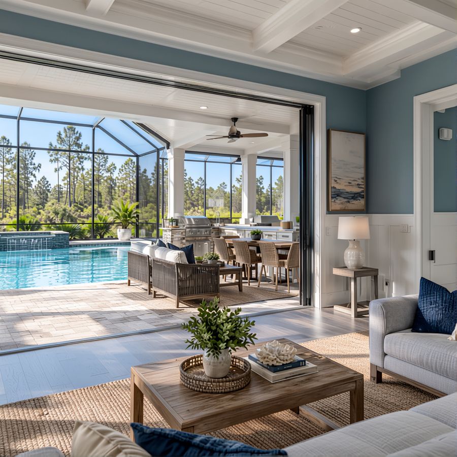 Home cleaning in Nocatee &mdash; a screened lanai and pool off an open-plan living room