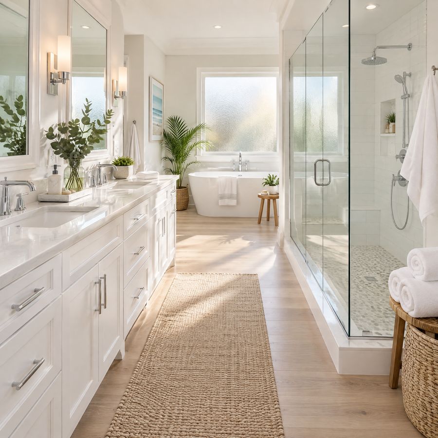 Residential cleaning in Ponte Vedra Beach &mdash; a white primary bathroom with a glass shower and freestanding tub