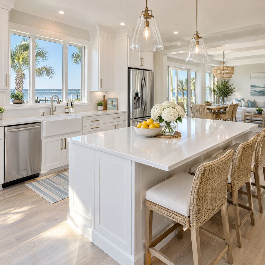 Home cleaning in Ponte Vedra Beach &mdash; a bright coastal kitchen with a farmhouse sink and water view