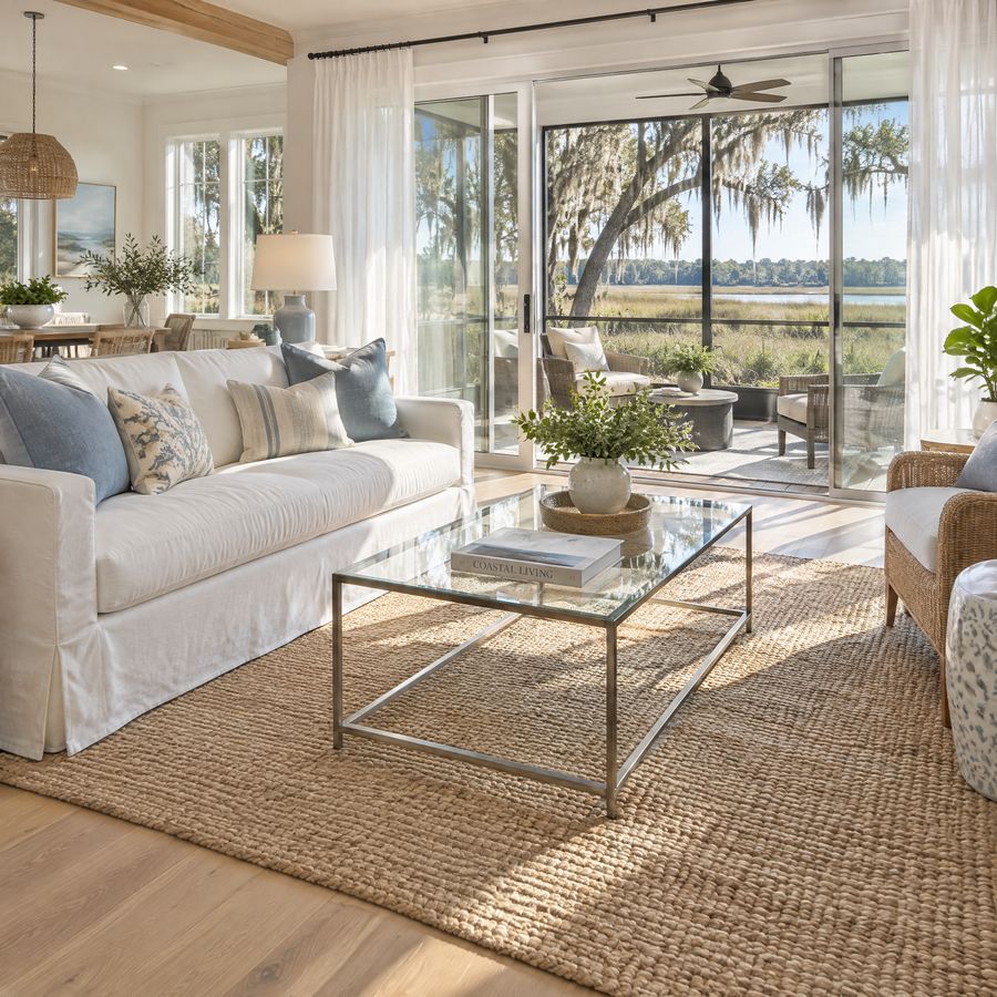 House cleaning company in Ponte Vedra Beach &mdash; an airy coastal living room opening onto a screened porch and marsh