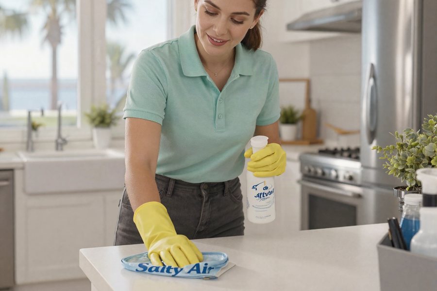 A Salty Air cleaner in a mint polo wiping down a kitchen counter, with a farmhouse sink, range and palm trees beyond the window